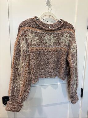 Free People Cropped Brown & Cream Textured Fair Isle Crewneck Sweater